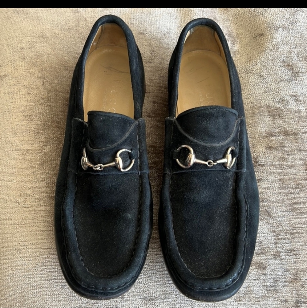 Gucci Black Suede Loafer 7B Silver Horsebit